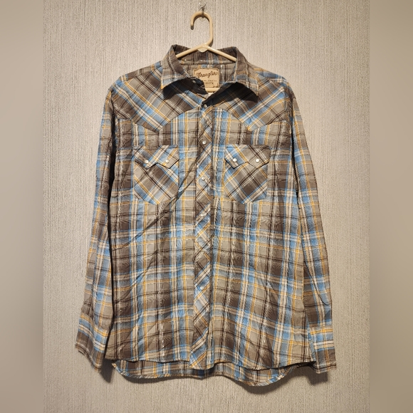 Wrangler Western Fashion Snap Shirt brown/blue/tan Size Large - Picture 1 of 5